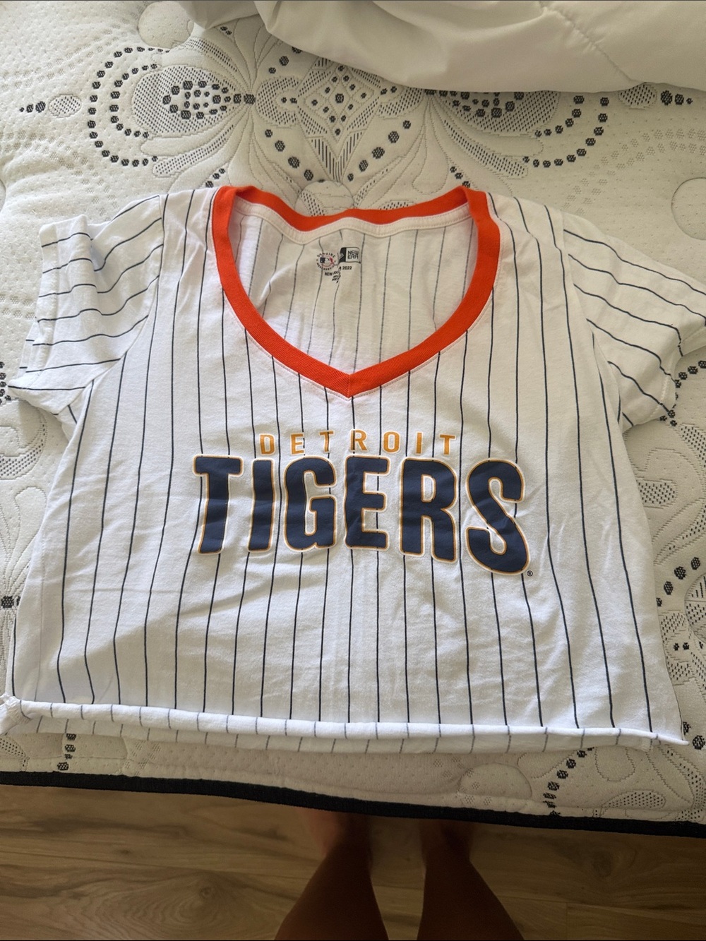 New Era White Pinstripe 'Tigers' V-Neck Crop Top with Orange Trim